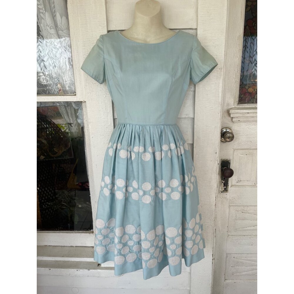 Vintage 1950s Betty Barclay Fit and Flare Dress Blue Embroidery Circles Sz Small